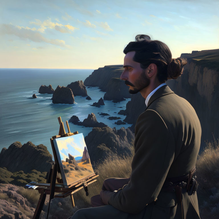 Ponytailed artist painting coastal landscape with cliffs and sea