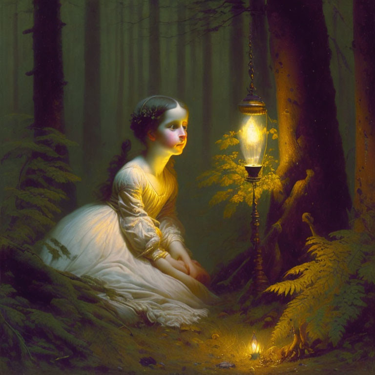 Young woman in white dress sitting in dark forest with glowing lanterns.