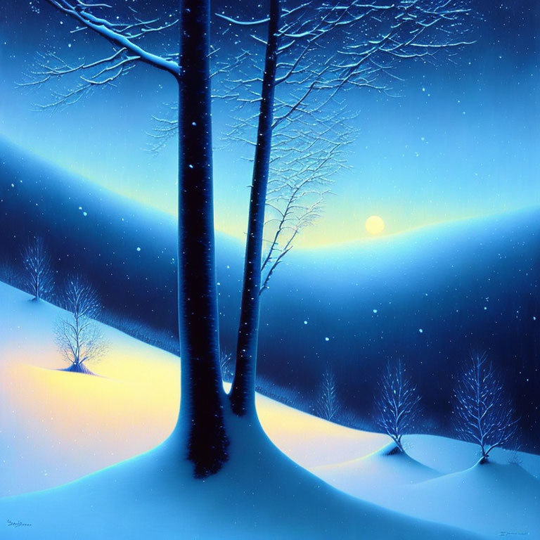 Snow-covered hills and glowing moon in serene winter scene