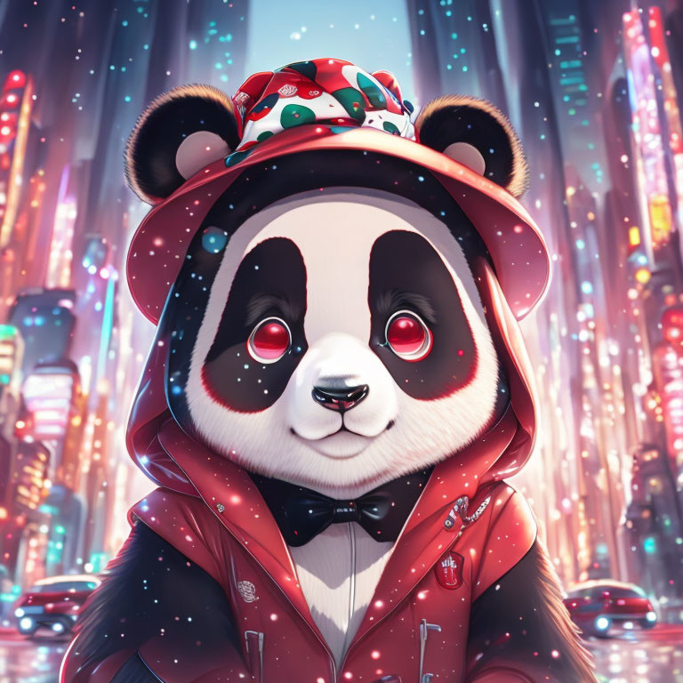 Stylized panda in red hoodie and hat against neon cityscape