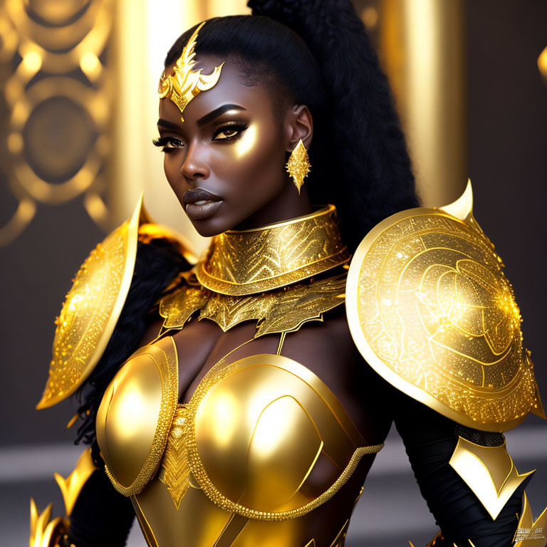 Dark-skinned woman in ornate golden armor with chestplate, shoulder guards, and helmet