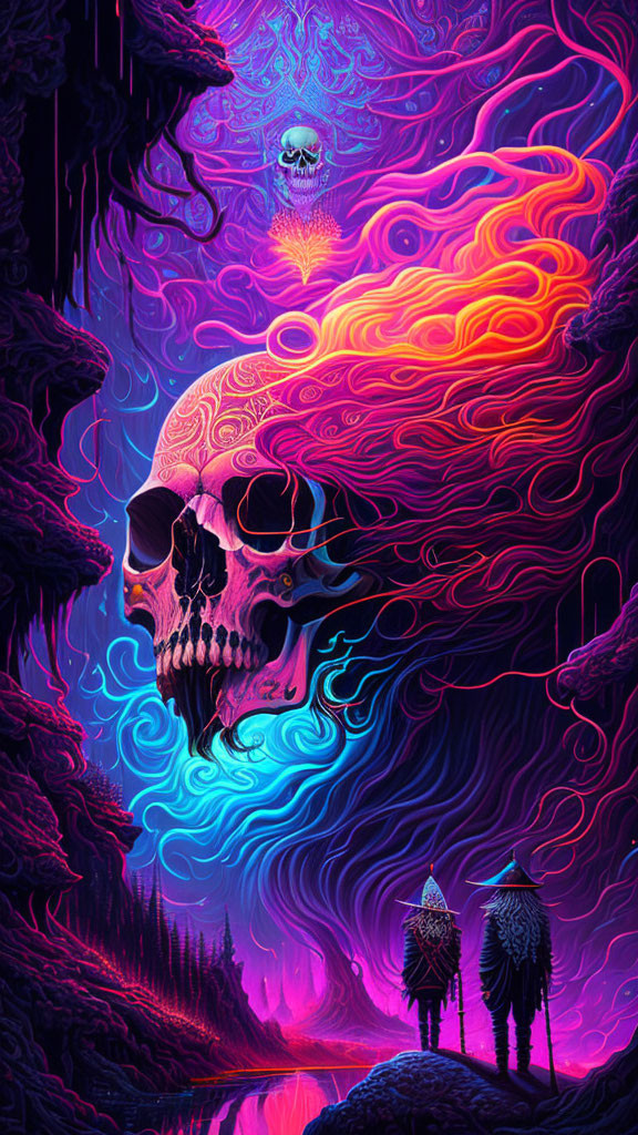 Colorful skull art with swirling patterns and neon landscape