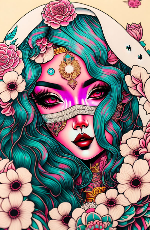 Colorful Illustration of Woman with Green Hair and Blindfold Surrounded by Flowers