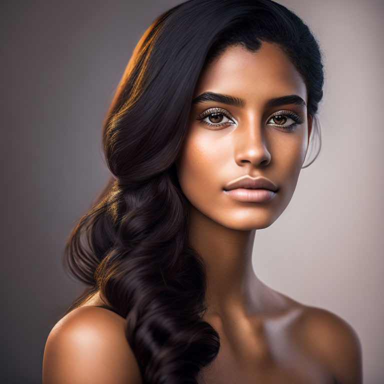 Portrait of Woman with Dark Hair and Prominent Eyes on Neutral Background