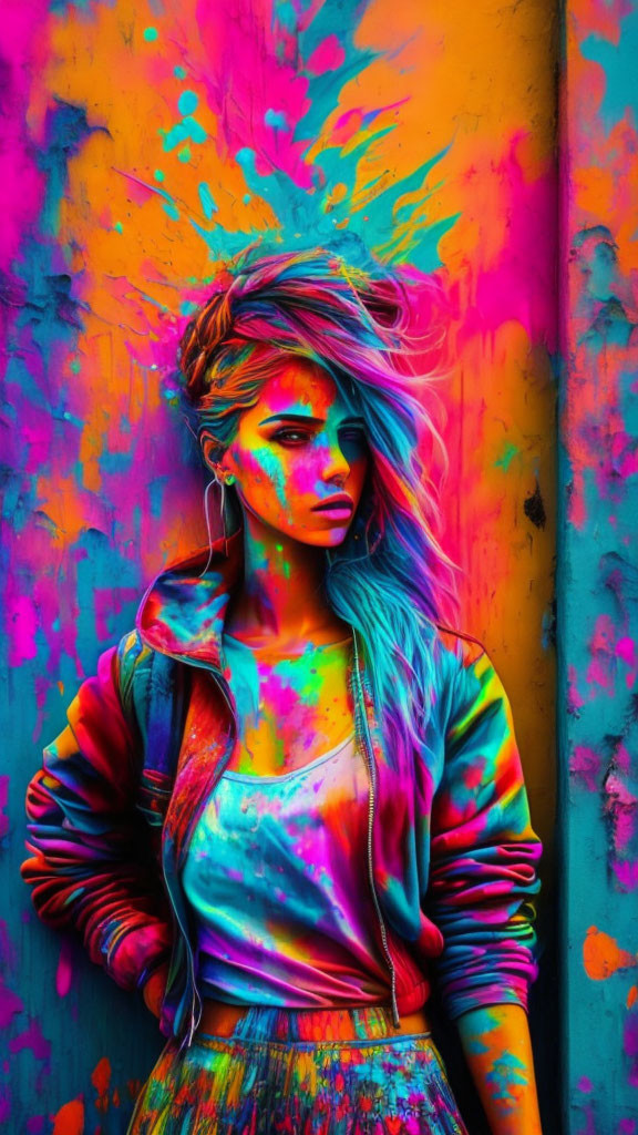 Colorful portrait of a woman with neon paint against graffiti wall