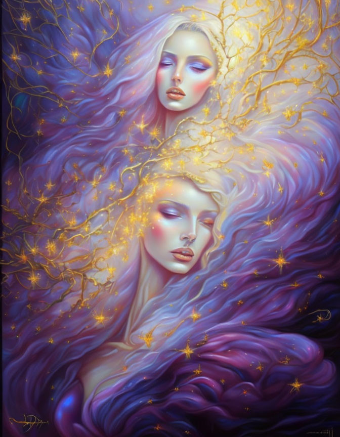 Ethereal women with flowing purple and gold starry hair