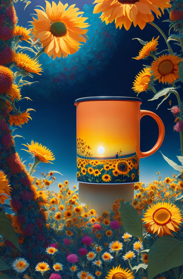 Sunflower motif mug illustration on whimsical twilight background