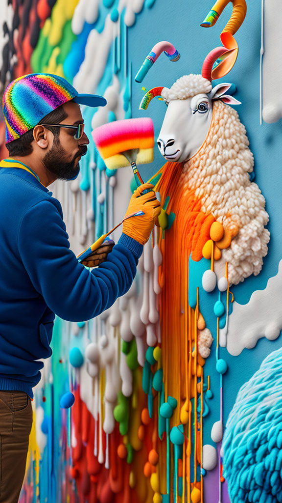 Colorful mural depicting whimsical sheep with vibrant wool