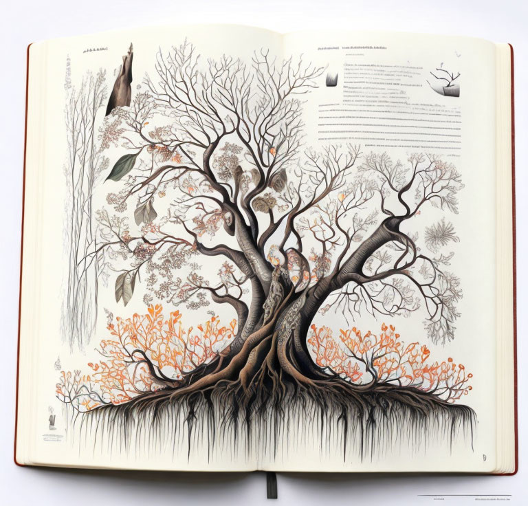 Illustrated open book: Tree cross-section with detailed root system and species annotations