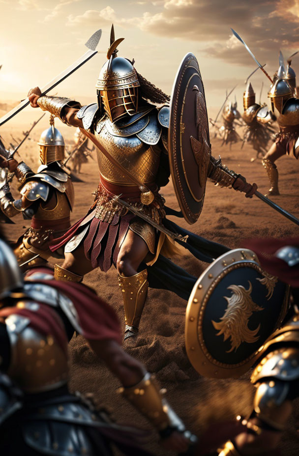 Armored warriors with spears and shields on a sandy battlefield