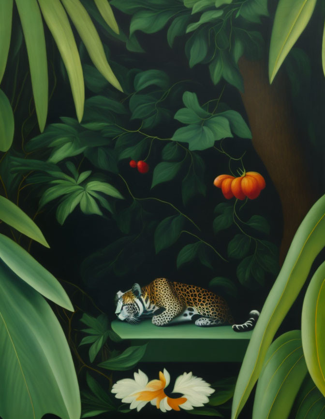 Sleeping jaguar in lush green foliage with red fruits and white flower