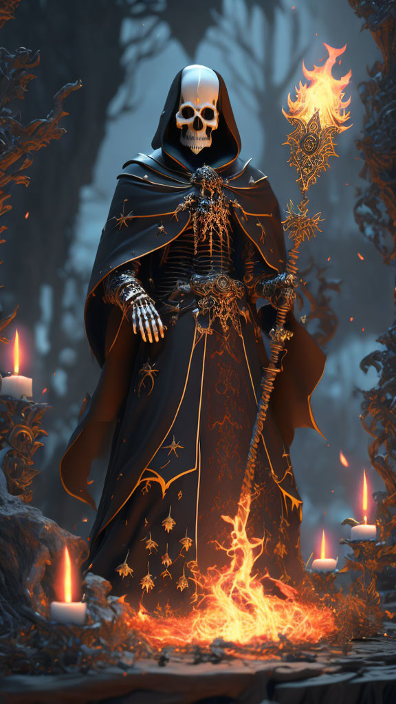 Skull-faced figure with flaming staff in eerie forest