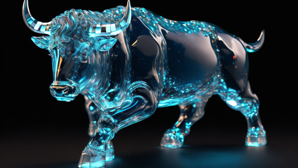 Transparent blue digital art image of a glowing bull in sturdy stance