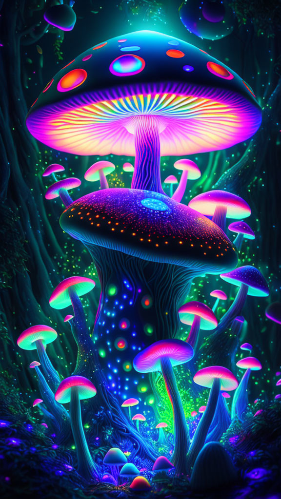 Colorful Luminescent Mushrooms in Mystical Forest Scene