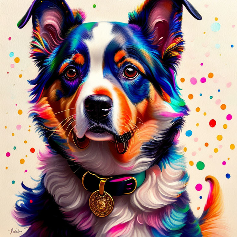 Colorful Australian Shepherd Dog Illustration with Spotted Coat & Golden Tag