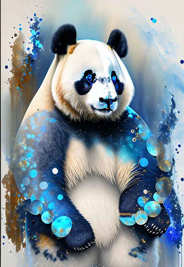 Blue-eyed panda in cosmic-themed artwork