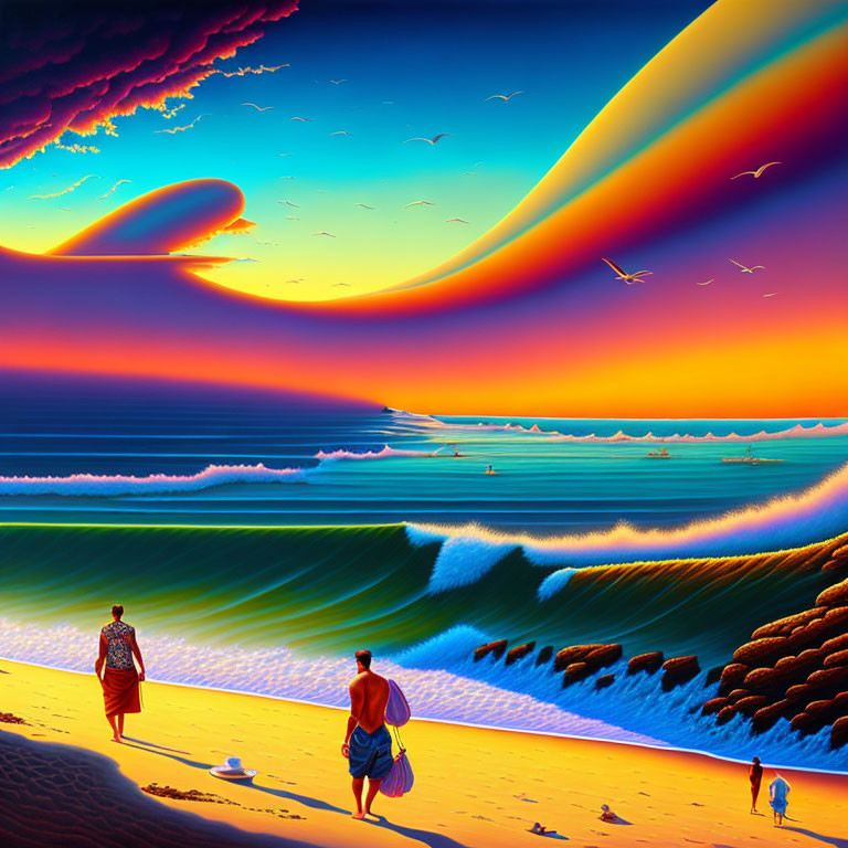 Colorful Beachscape with People, Waves, and Surreal Sky