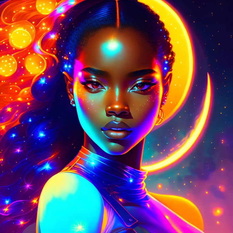 Digital portrait of woman with glowing blue accents against cosmic backdrop.