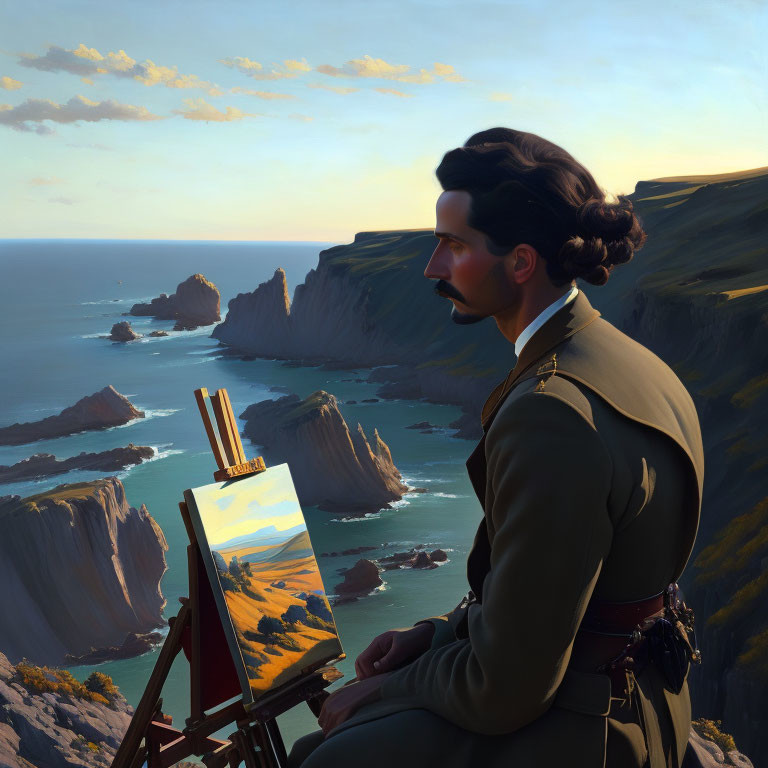 Artist painting ocean view in vintage outfit on clifftop