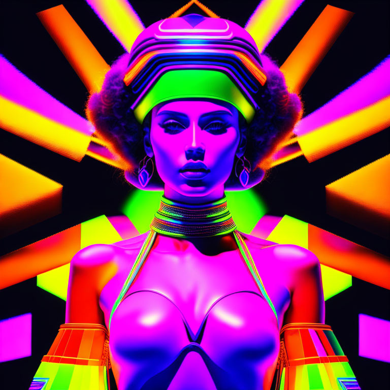 Colorful digital artwork: stylized woman with afro & futuristic attire on neon background