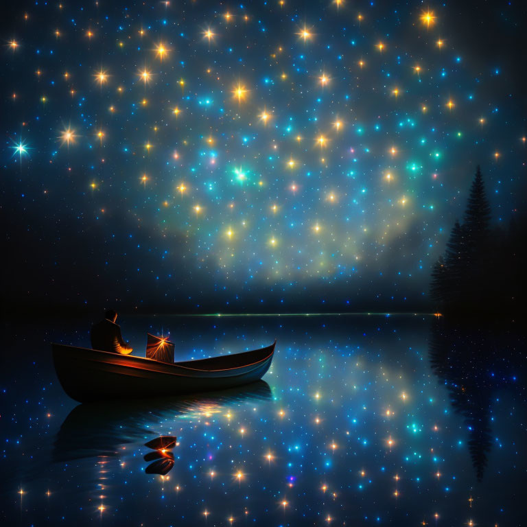 Night Sky Reflection on Calm Lake with Stars