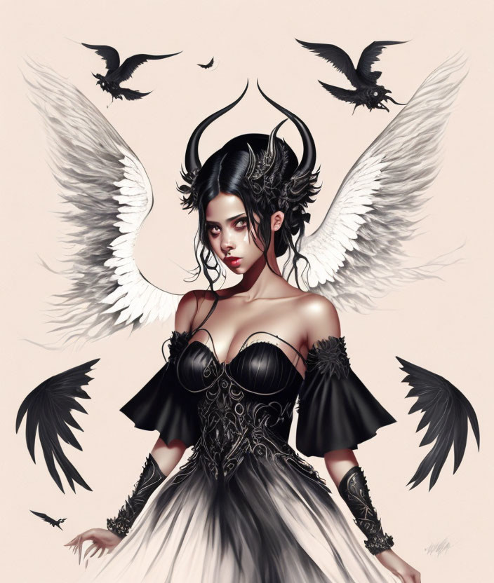 Illustrated female figure with angelic wings and dark horns in gothic-style dress, surrounded by flying