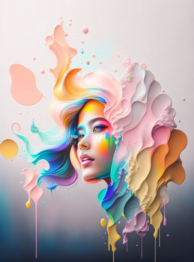 Colorful Liquid Paint Splashes Merge with Woman's Face in Digital Art