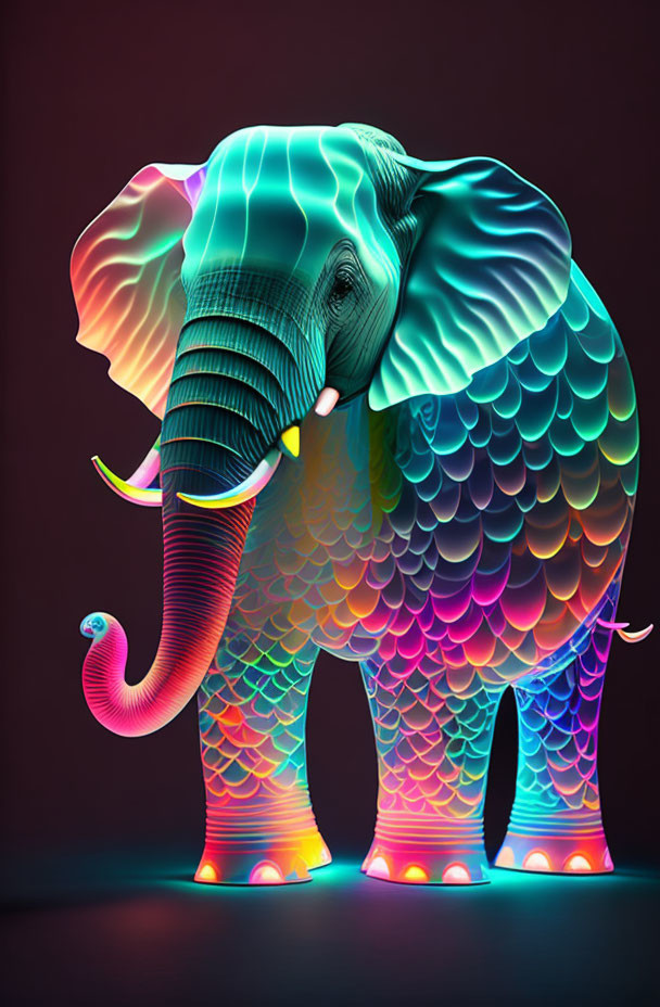 Neon-colored digital artwork: Elephant with luminescent patterned skin