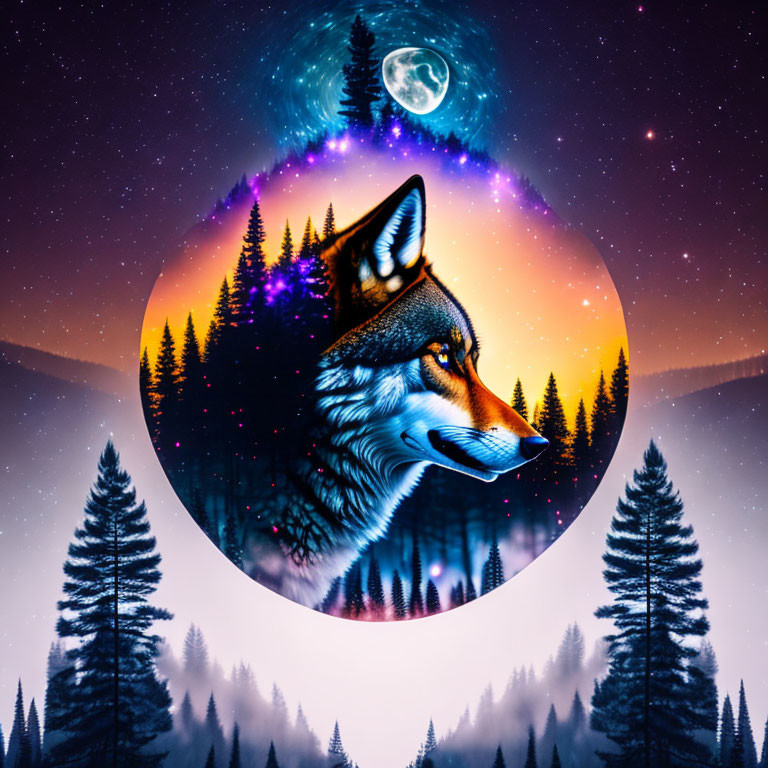 Surreal wolf head silhouette with night sky and forest landscape