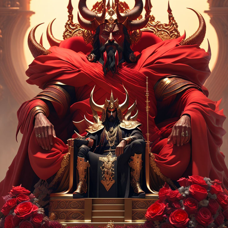 Regal fantasy figure with horns on ornate throne surrounded by red roses