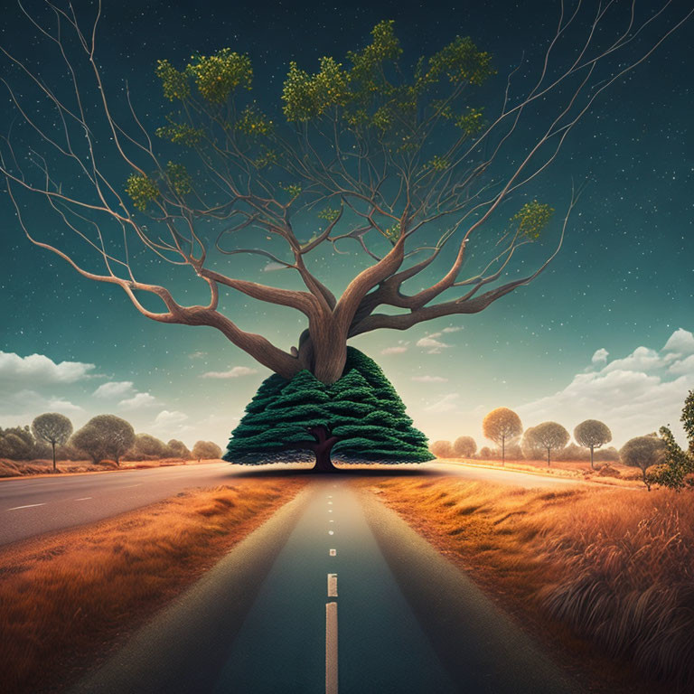 Surreal image: large tree with lush green foliage in the middle of road