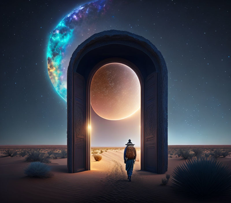 Person standing under desert archway at night with crescent nebula and full moon