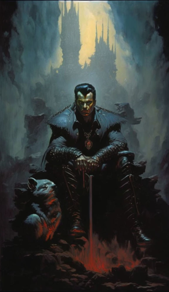 Dark Gothic Fantasy Painting of Formidable Figure on Throne with Wolf-like Creature