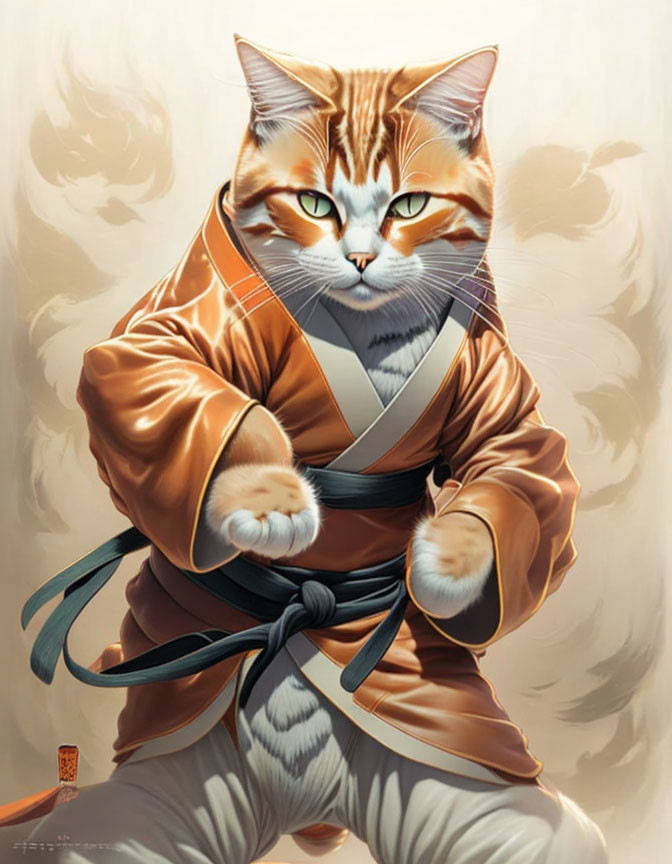 Anthropomorphic cat in martial arts pose with black belt on beige background