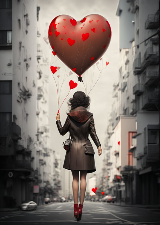 Woman holding heart-shaped balloon in urban setting with floating hearts