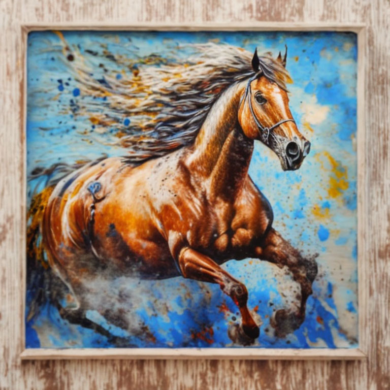 Dynamic Chestnut Horse Galloping in Vibrant Painting