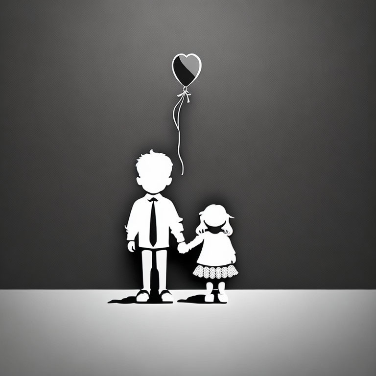 Silhouette children holding hands with heart balloon on dark background