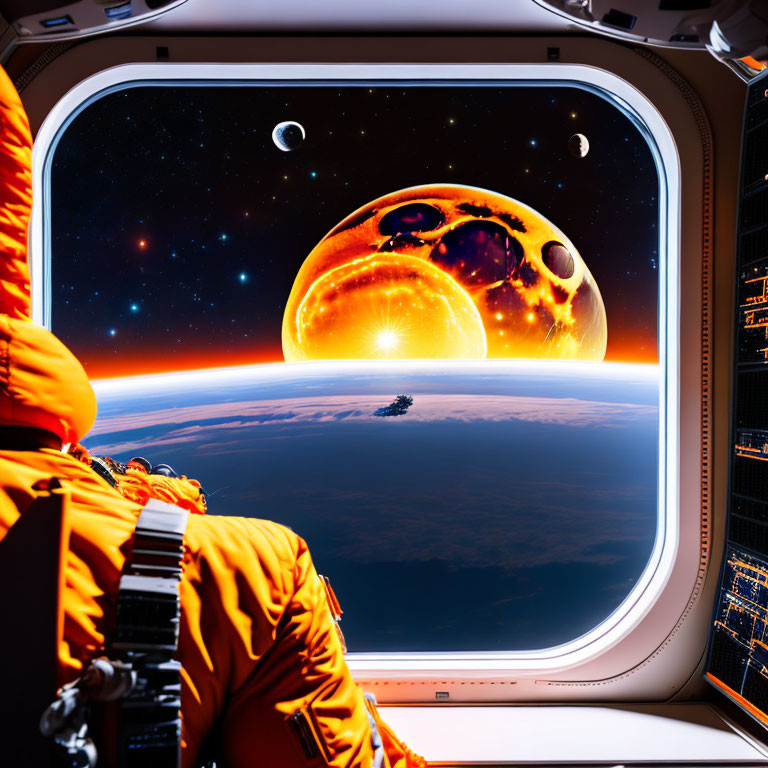 Astronaut in orange suit gazes at imaginative planet from spacecraft window