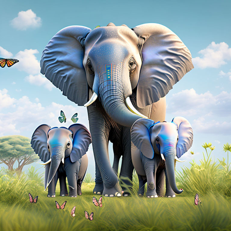 Family of Three Elephants Illustration with Butterflies and Blue Sky