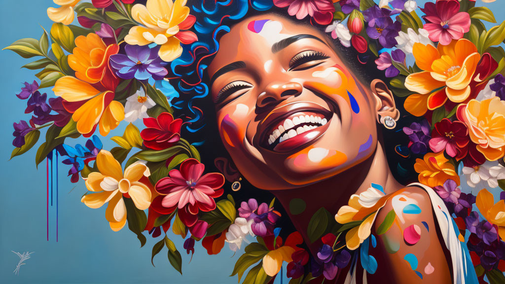 Colorful Painting: Smiling Woman with Flowers on Blue Background