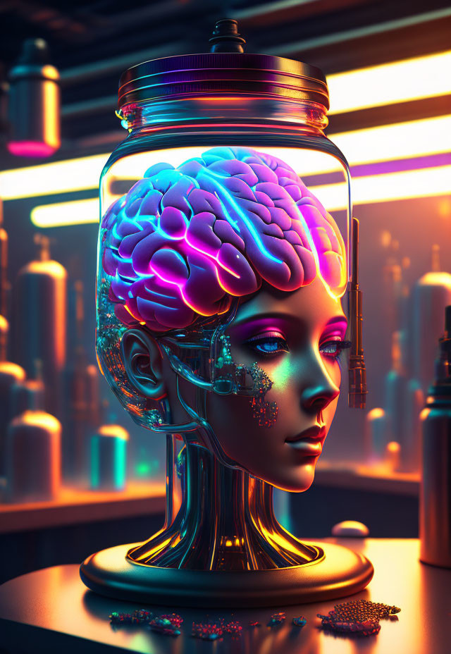 Futuristic female mannequin head with exposed brain in clear jar and neon lights.