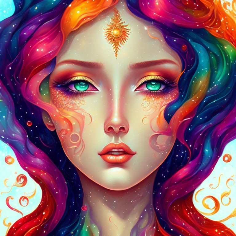 Colorful illustration of a woman with rainbow hair and blue eyes.