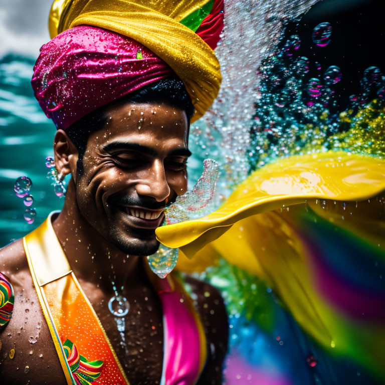 Colorful Turban Splashed with Water Creates Dynamic Light Play