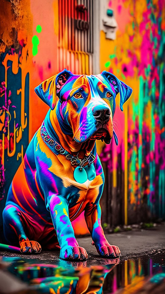 Colorful Dog Sitting in Graffiti-Covered Alleyway