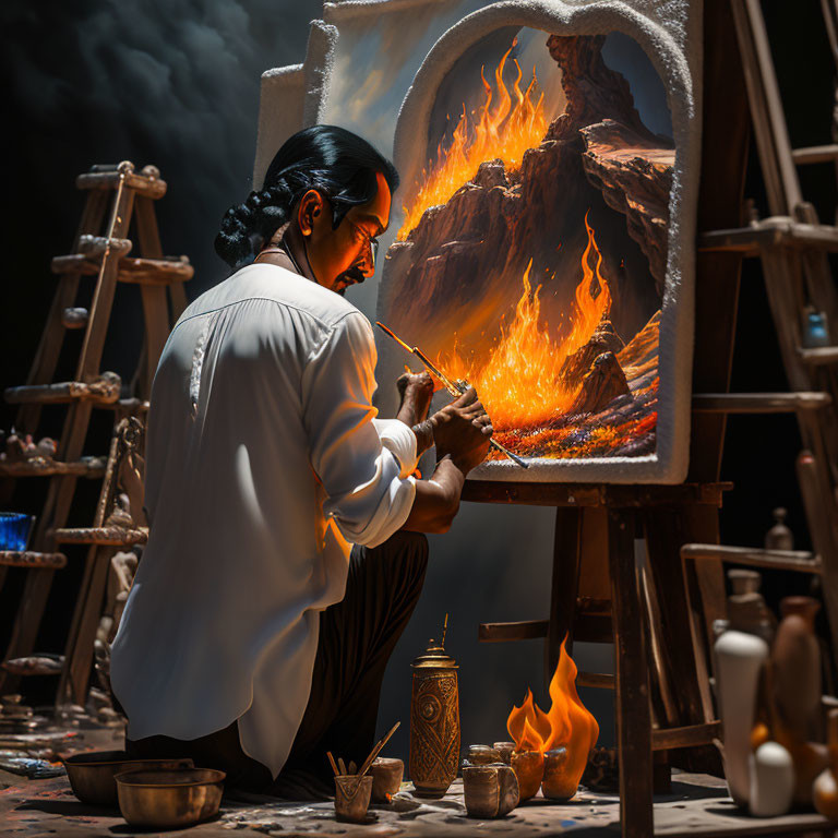 Ponytailed artist painting volcano landscape with bowls and oil lamp