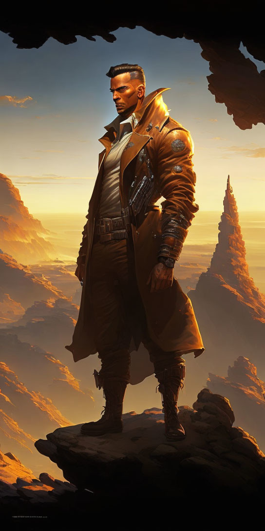 Male character in futuristic attire on rock outcrop at sunset.