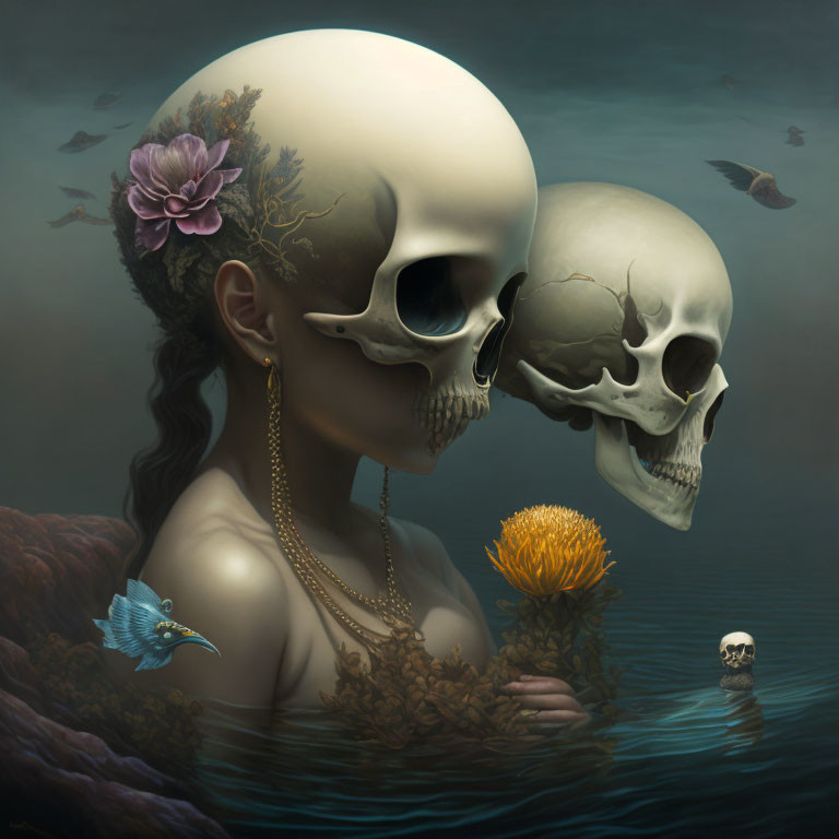 Skull art with floral and avian elements in surreal composition