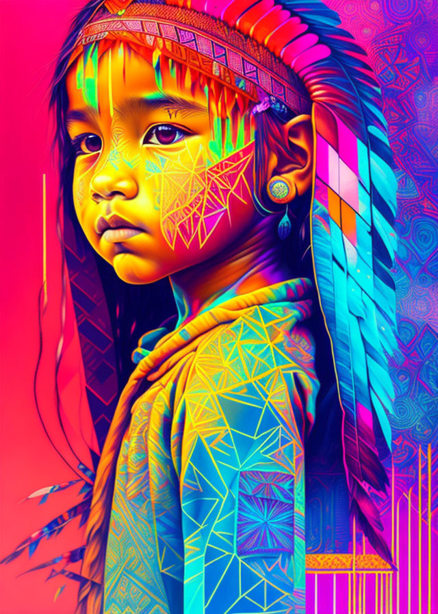 Colorful digital portrait of young girl with neon colors and geometric patterns