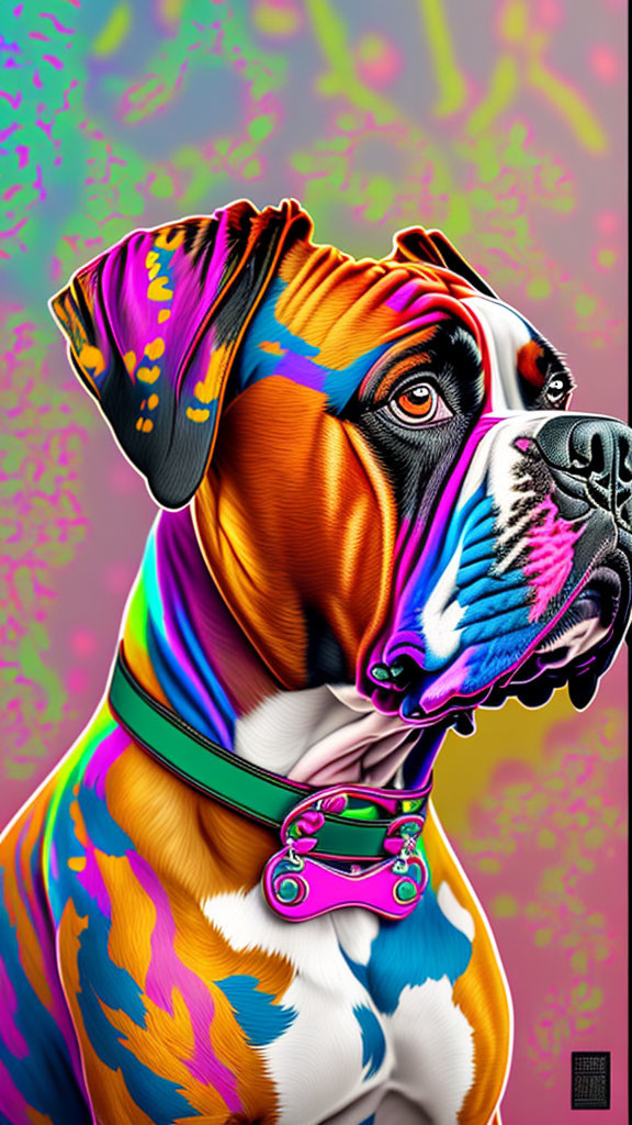 Colorful Stylized Boxer Dog Artwork with Psychedelic Patterns