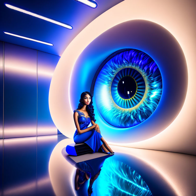 Woman in Blue Dress in Futuristic Room with Giant Blue Eye Artwork